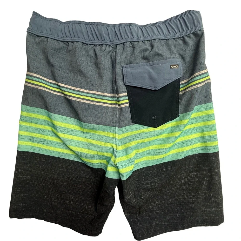 Hurley‎ Boys Blue Green Striped Board Shorts Swim Trunks Size 10/12 L 5888-B6Z
